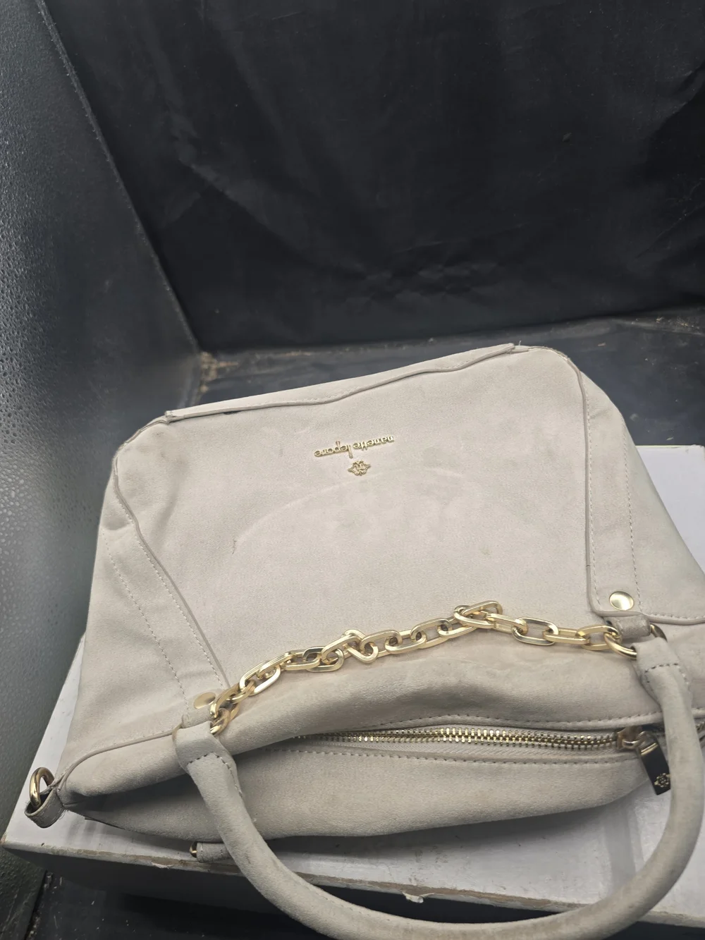 Nanette Lepore Light Gray Suede Crossbody Bag with Gold Chain